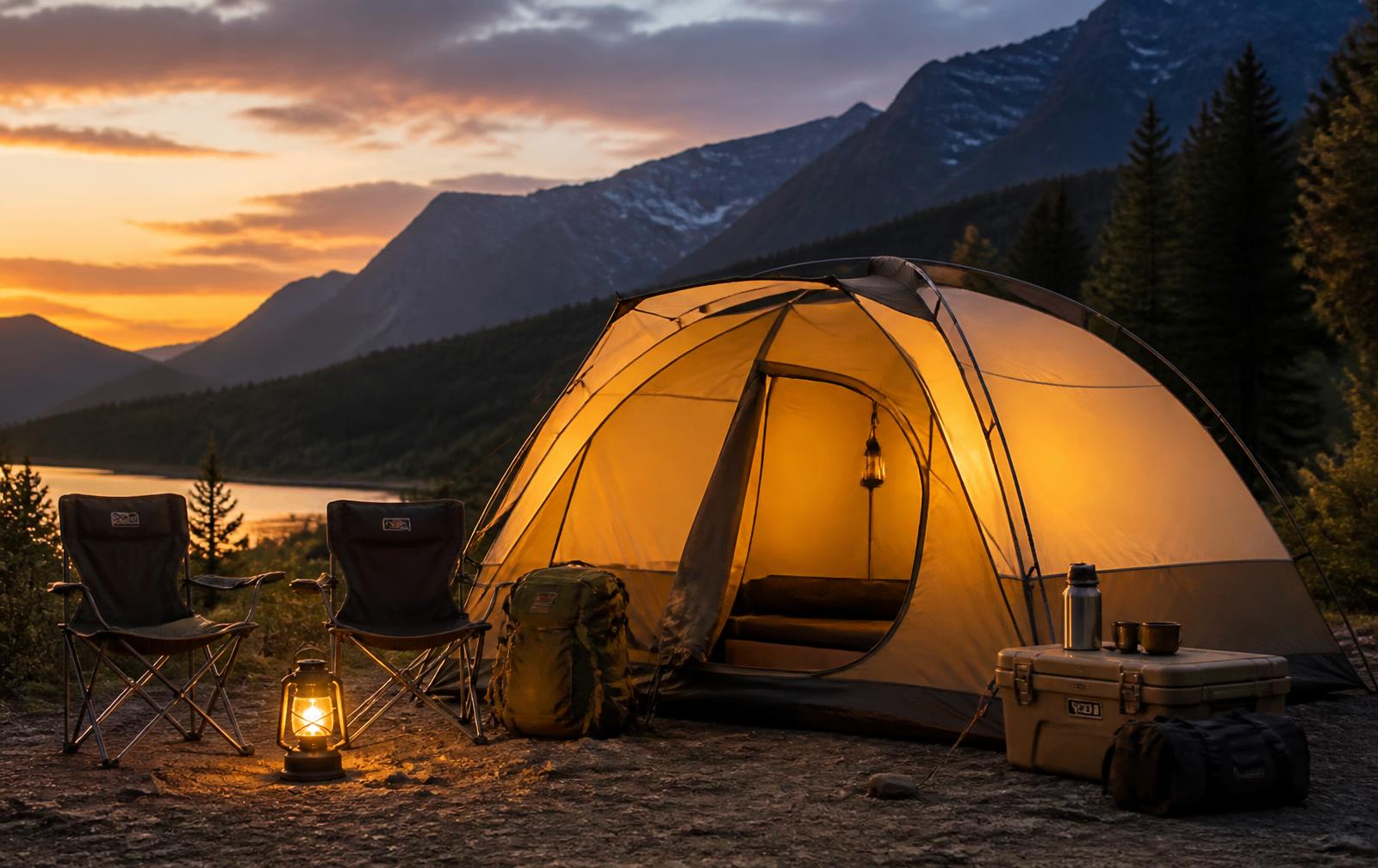Camping tent and outdoor gear set up at dusk